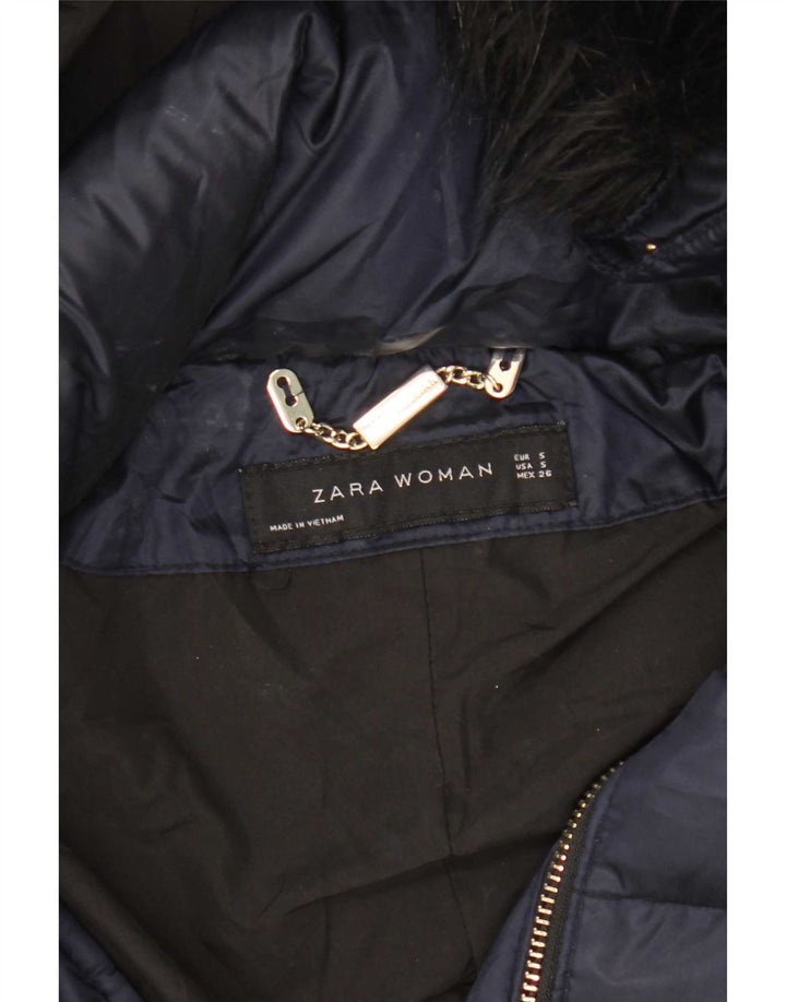 Zara Manteau rembourré à capuche pour femme UK 10 Small Bleu marine Polyester
