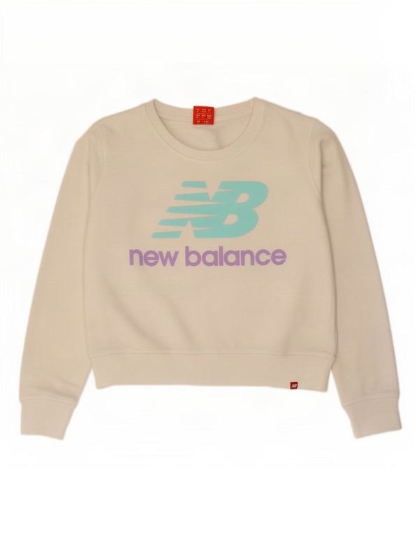New Balance Femmes Crop Graphic Sweatshirt Jumper UK 14 Moyen Blanc Coton