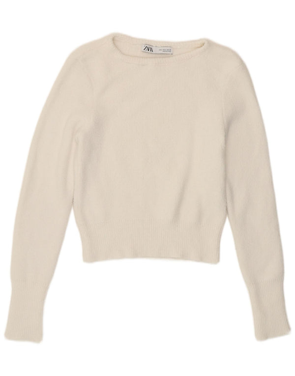 Zara Pull court à col bateau pour femme UK 10 Petit Blanc