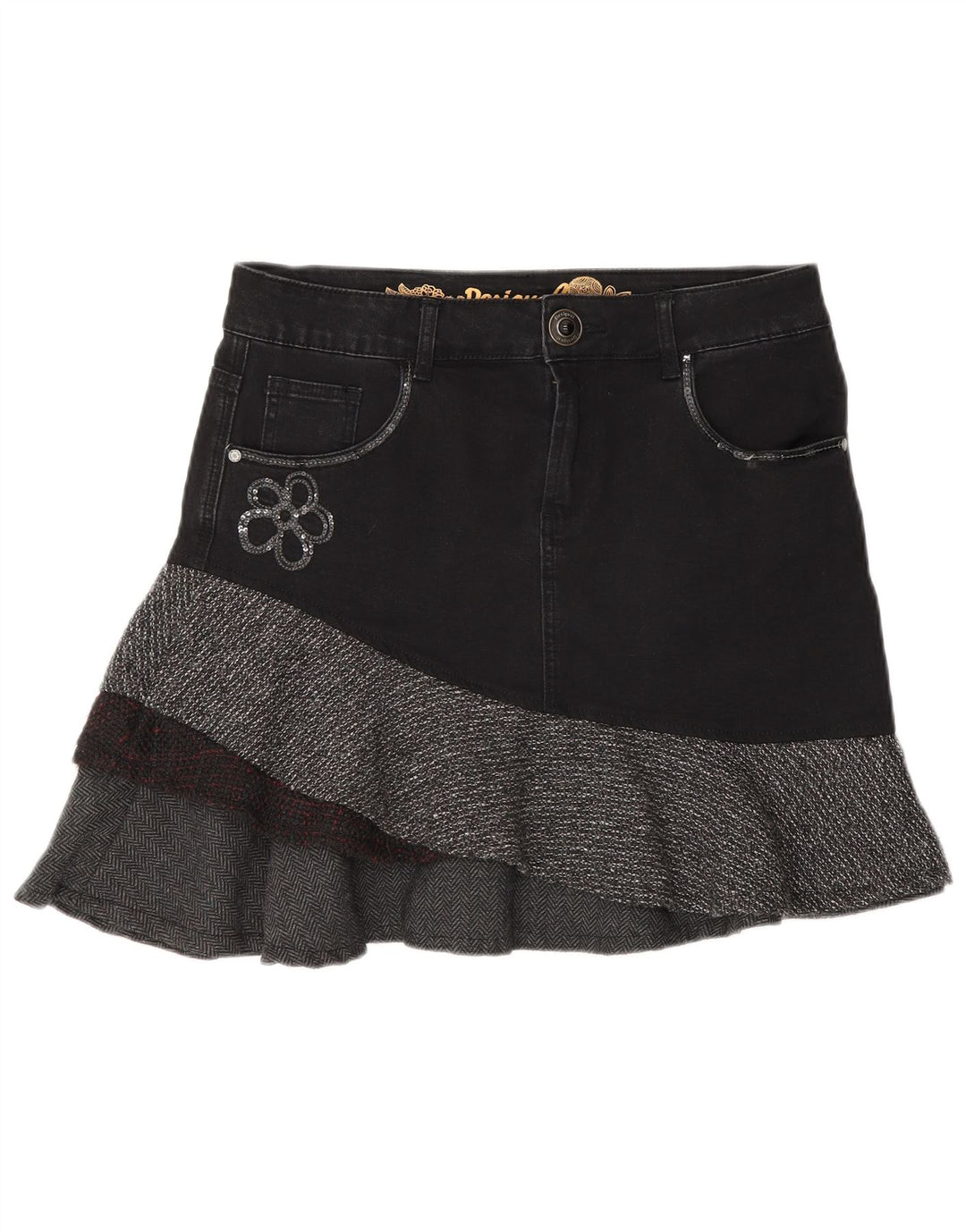 Desigual Jupe asymétrique en jean pour femme EU 40 Medium W30 Gris à chevrons