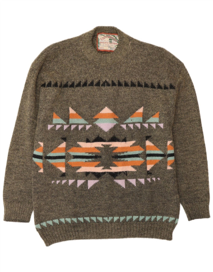 vintage Mens Crew Neck Jumper Pull Moyen Kaki Fair Isle