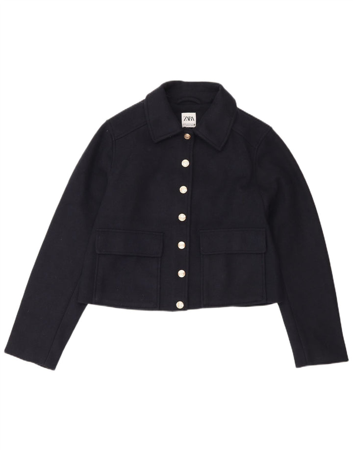Zara Womens Crop Bomber Jacket UK 6 XS Bleu Marine Polyester