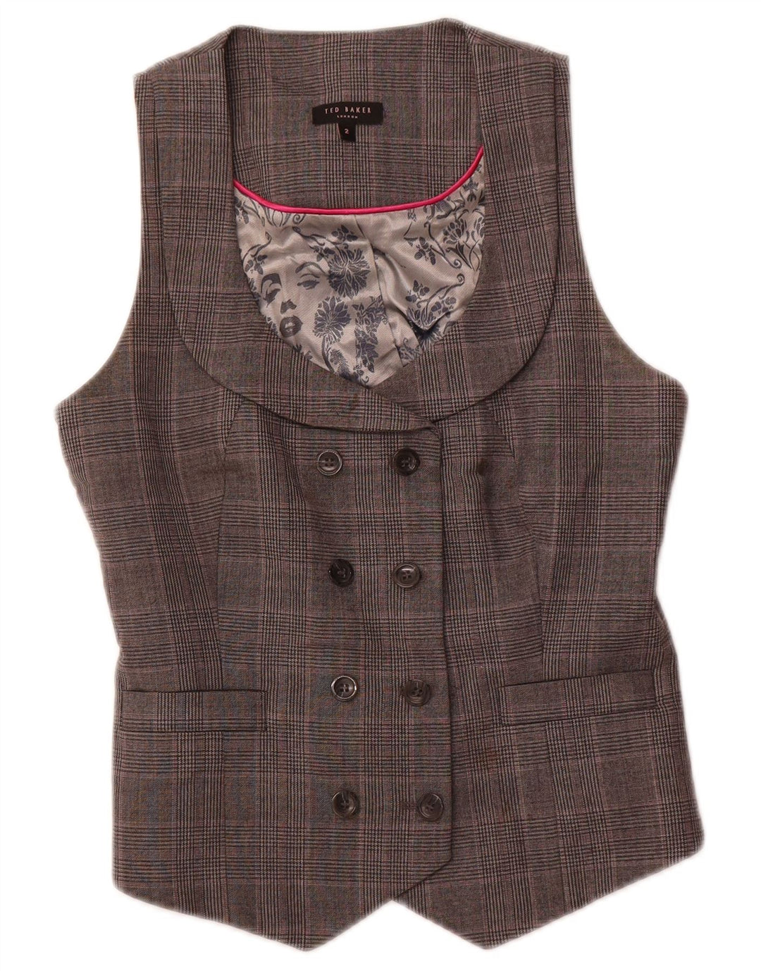 TED BAKER Gilet croisé pour femme Taille 2 Petite laine à carreaux gris