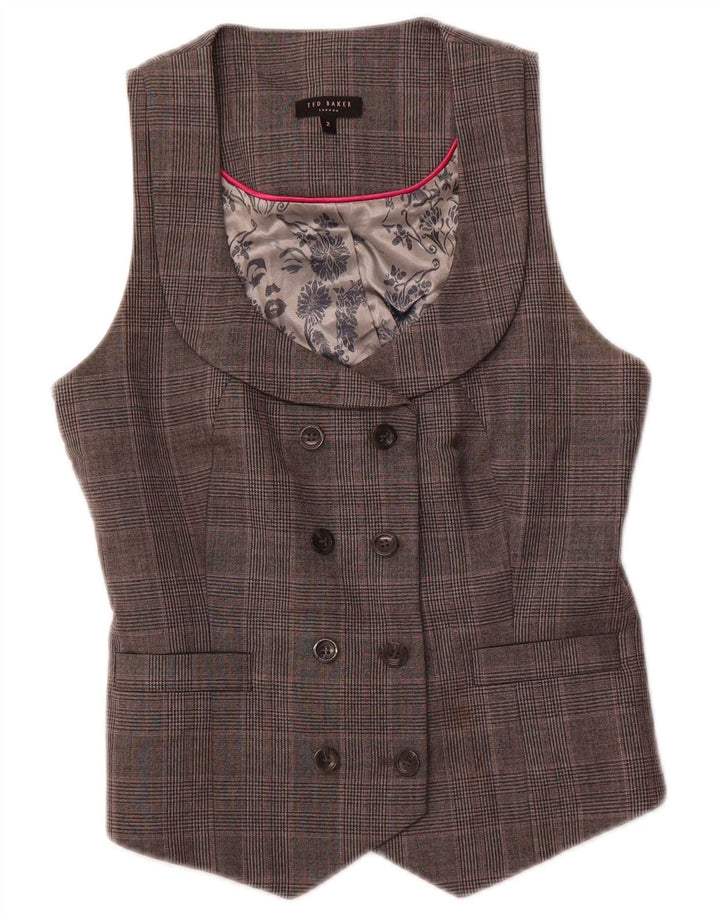 TED BAKER Gilet croisé pour femme Taille 2 Petite laine à carreaux gris