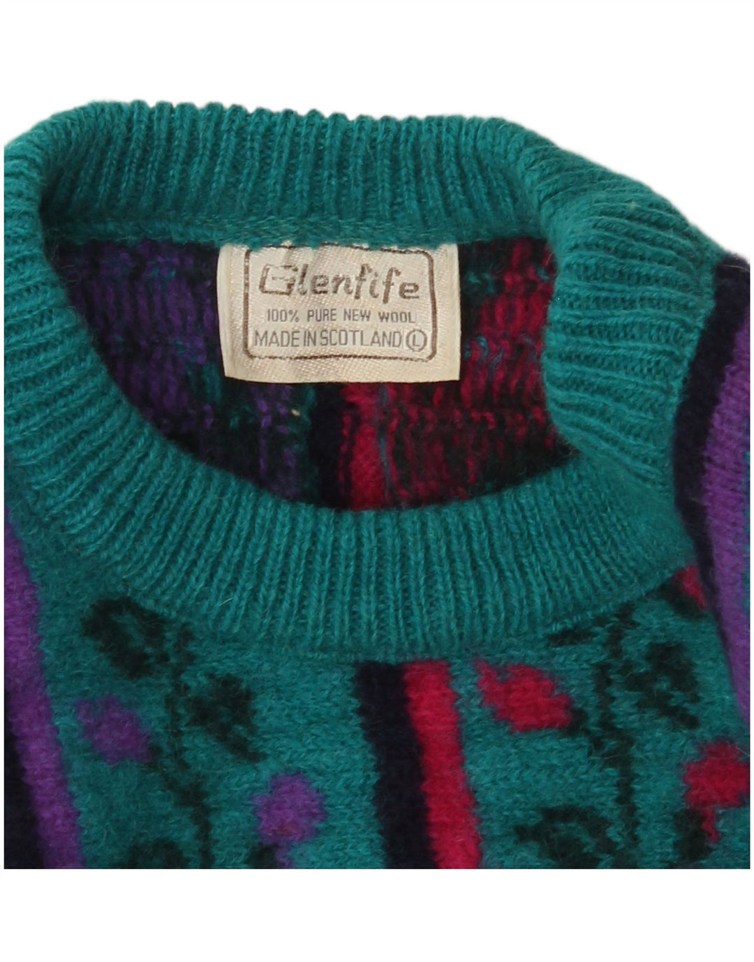 VINTAGE Femme Crew Neck Jumper Pull UK 16 Grande Laine Florale Turquoise