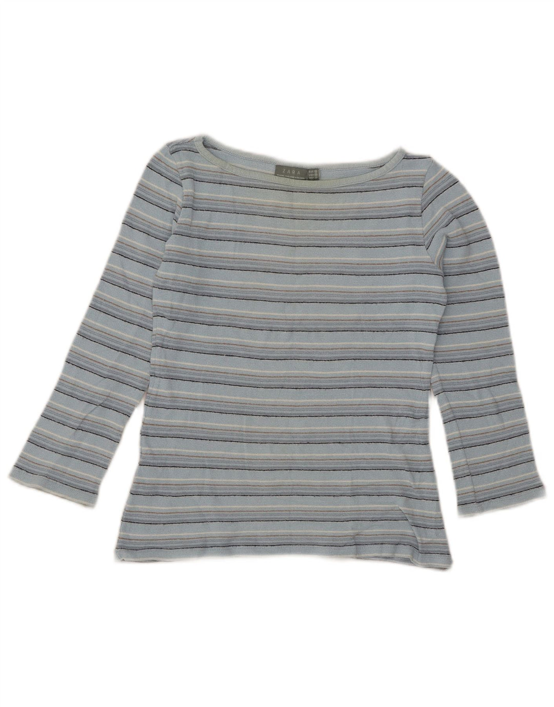 Zara Womens Crop Top Manches 3/4 UK 12 Bleu Moyen Rayé