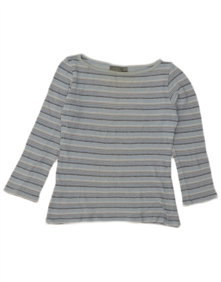 Zara Womens Crop Top Manches 3/4 UK 12 Bleu Moyen Rayé