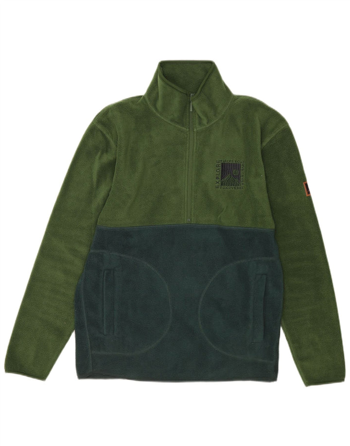 vintage Mens Zip Neck Fleece Jumper Moyen Vert Colorblock Polyester