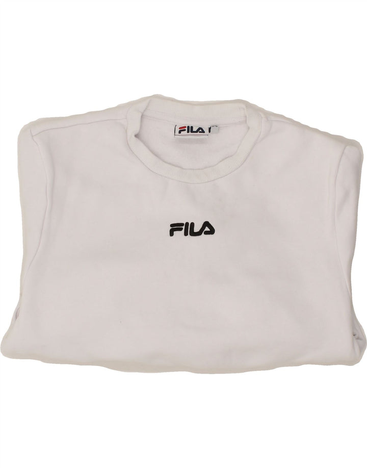 FILA Womens Crop Graphic Sweatshirt Jumper UK 12 Medium White Cotton Vintage Fila and Second-Hand Fila from Messina Hembry 