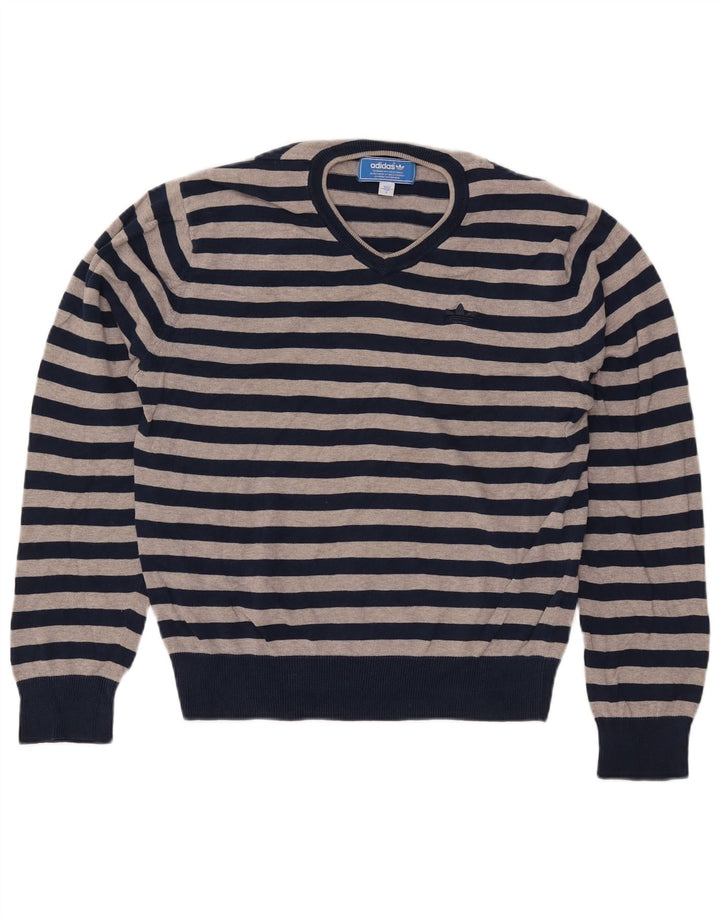 ADIDAS Pull à col en V pour homme Petit coton rayé bleu marine