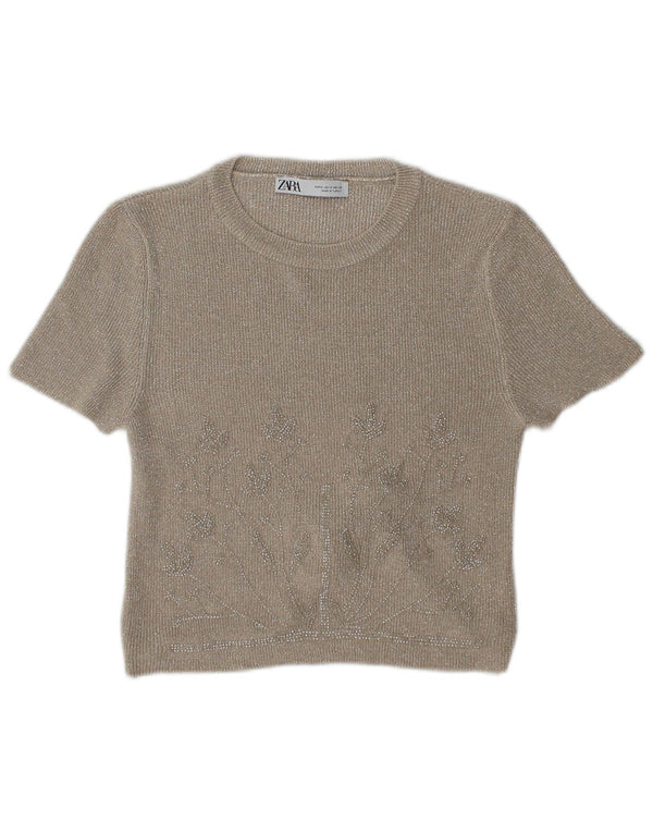 Zara Womens Crop Blouse Top UK 12 Beige Moyen