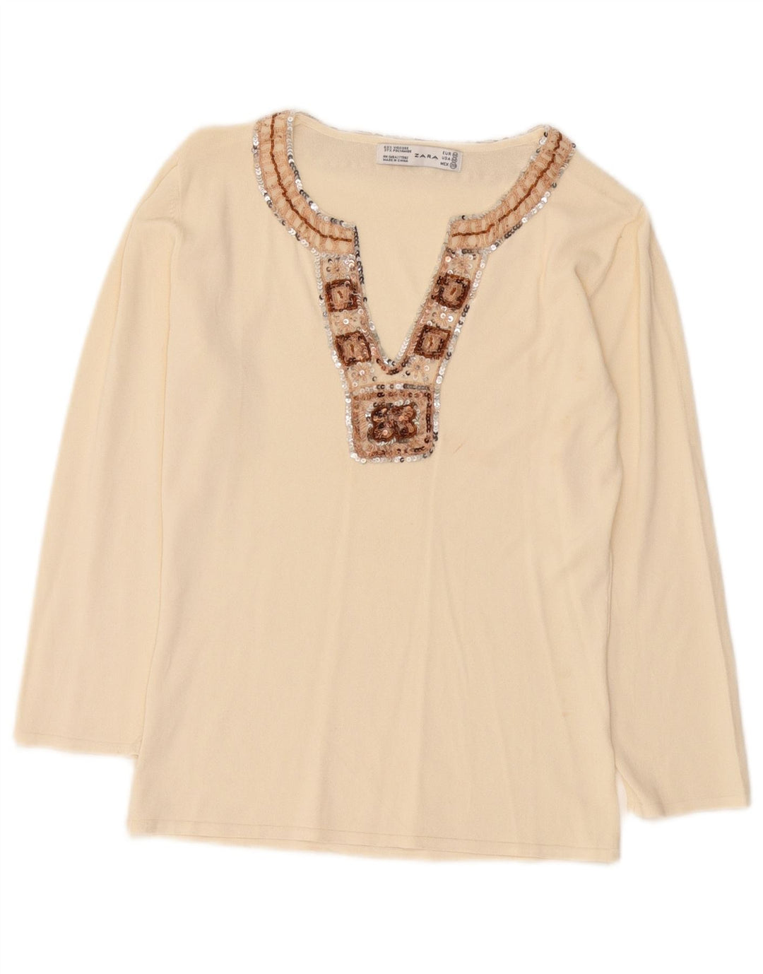 Zara Femme Top Manches Longues UK 12 Viscose Beige Moyen