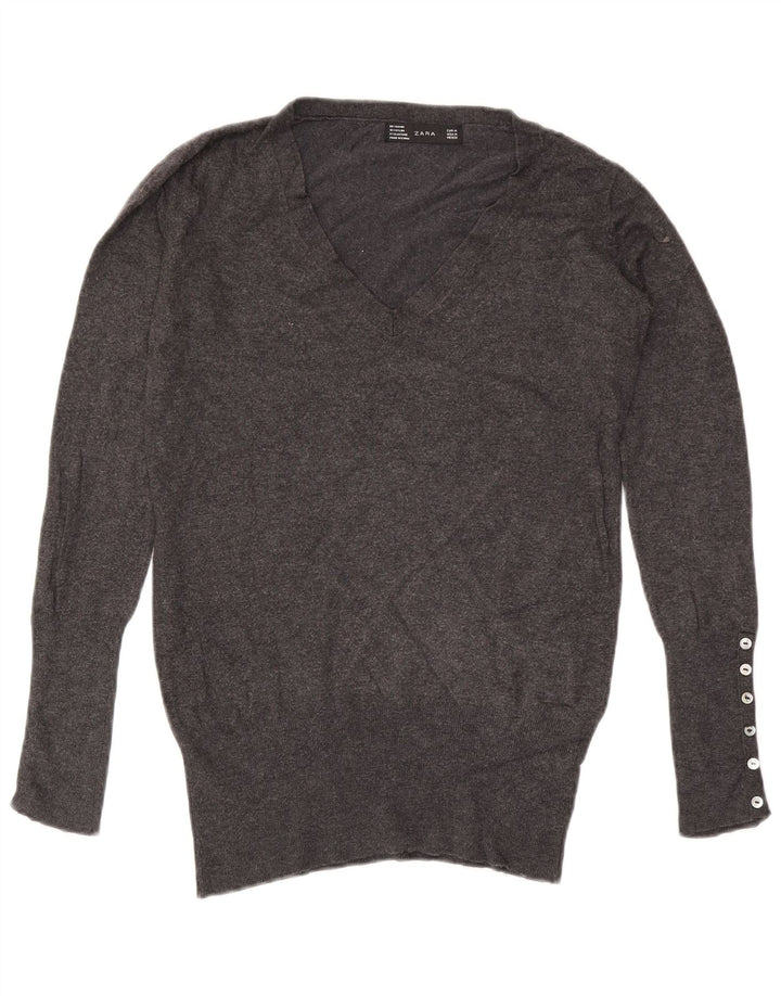 ZARA Pull col en V pour femme UK 14 Rayonne gris moyen