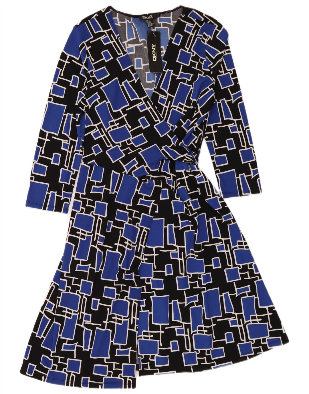Dkny Robe portefeuille à manches 3/4 pour femme Taille unique Bleu Géométrique Polyester