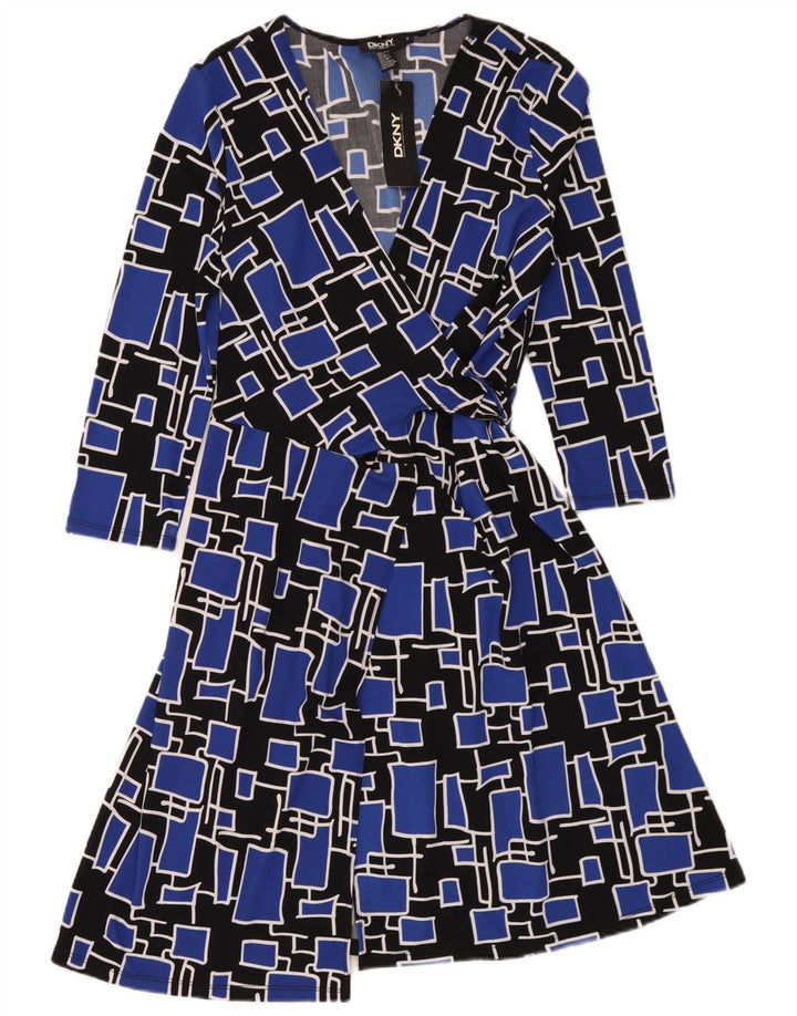 Dkny Robe portefeuille à manches 3/4 pour femme Taille unique Bleu Géométrique Polyester