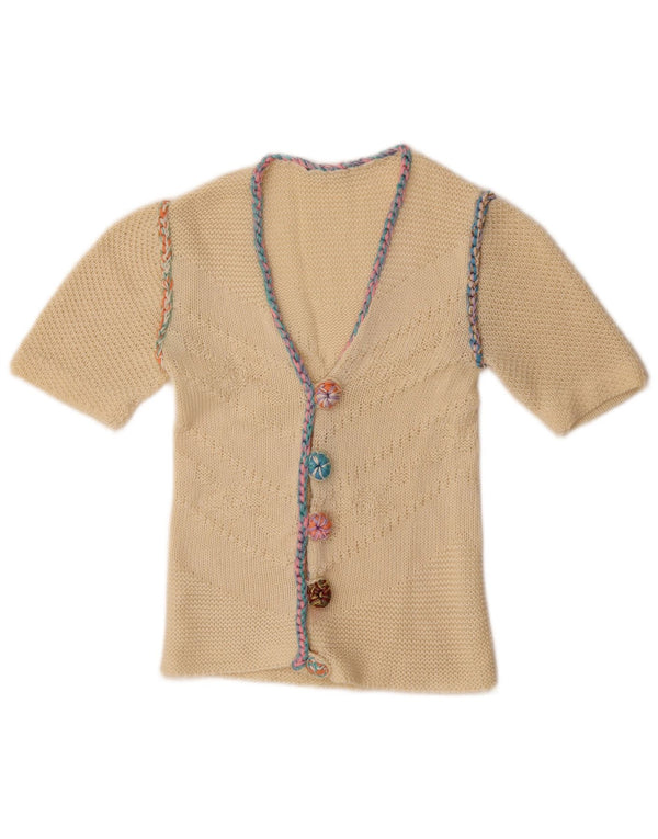 vintage Femmes Manches Courtes Cardigan Pull UK 4 XS Off White