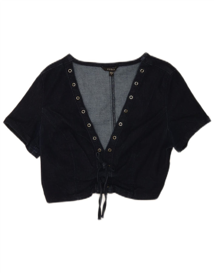 Guess Femme Denim Crop Top UK 12 Moyen Bleu Marine Coton