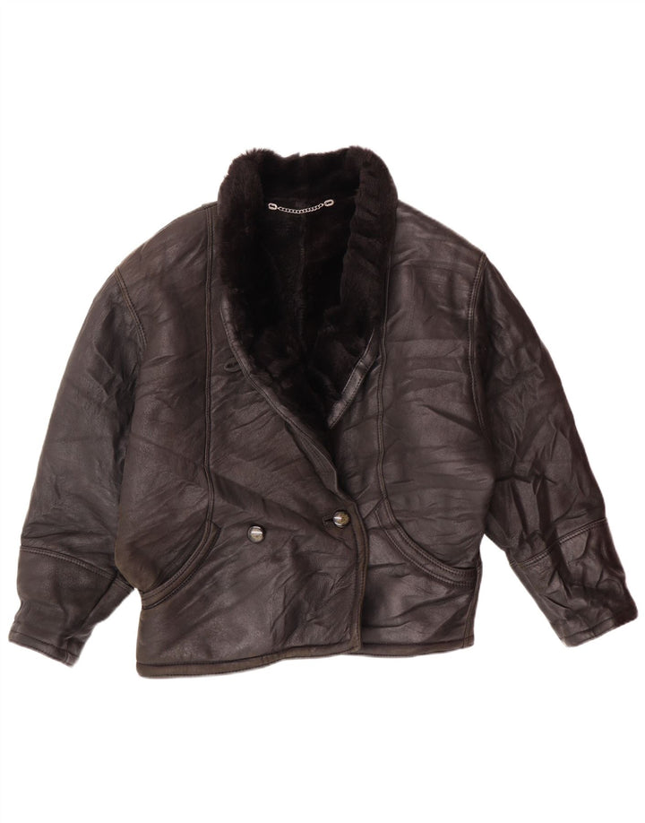 VINTAGE Veste double boutonnage femme EU 42 Grand Shearling Noir