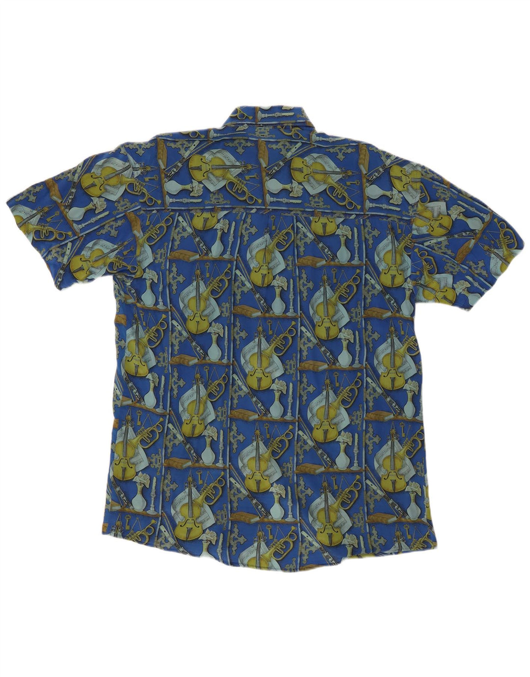 VINTAGE Chemise à manches courtes pour hommes à motif abstrait grande soie bleue