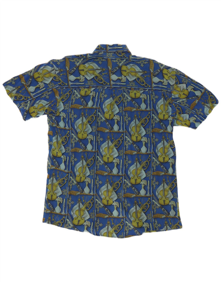 VINTAGE Chemise à manches courtes pour hommes à motif abstrait grande soie bleue