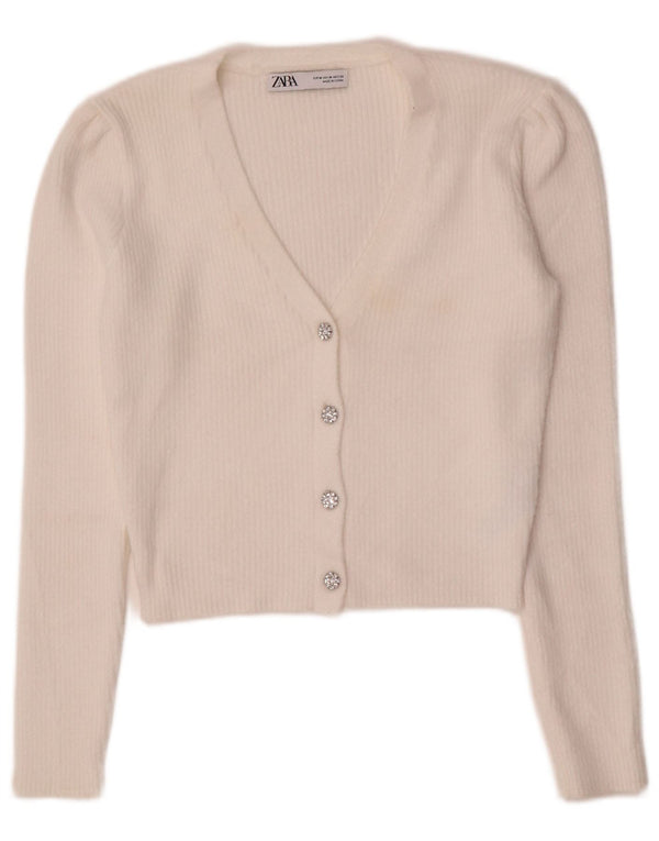 Zara Womens Crop Cardigan Pull UK 12 Moyen Blanc Nylon