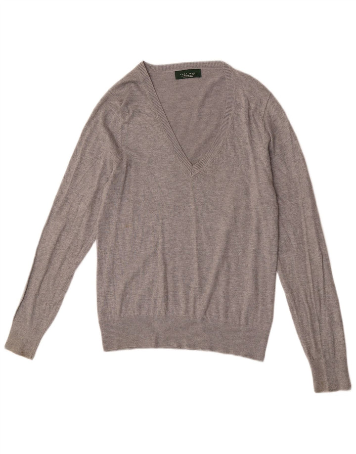 Zara Pull Col V Homme Gris Moyen Moucheté