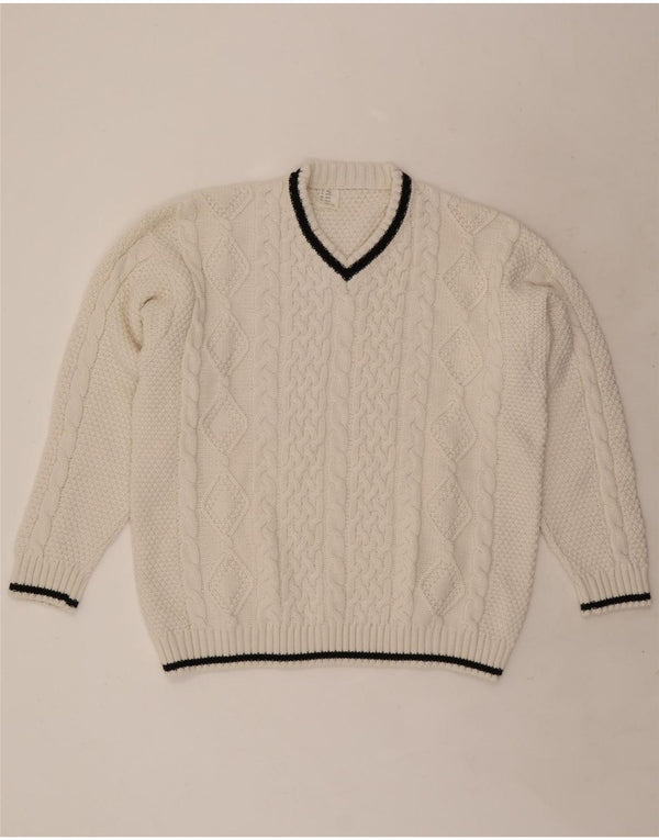 vintage Femme V-Col Jumper Pull UK 20/22 XL Acrylique Blanc
