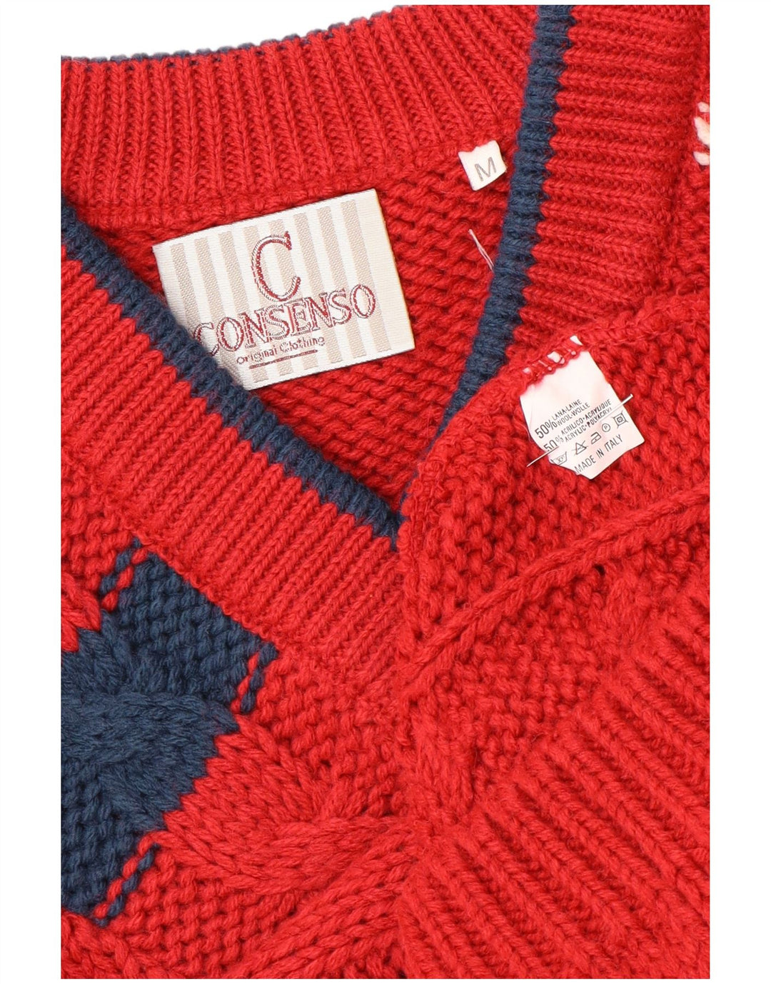 Consenso Pull graphique à col en V pour homme en laine color block rouge moyen