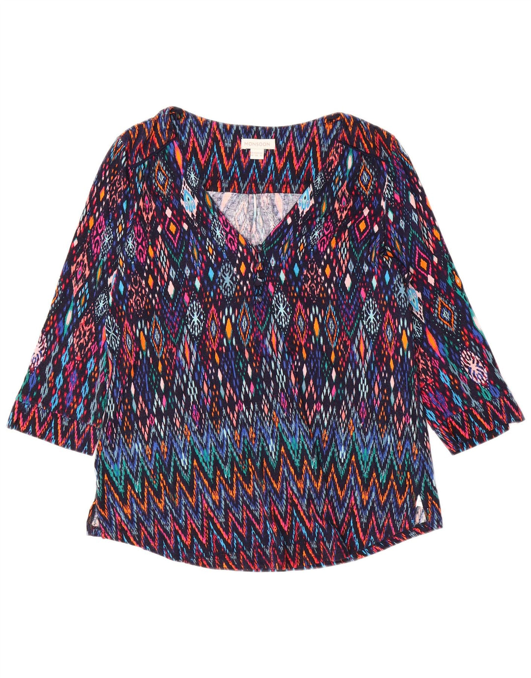 MONSOON Haut chemisier à manches 3/4 pour femme UK 10 Petit Ikat multicolore