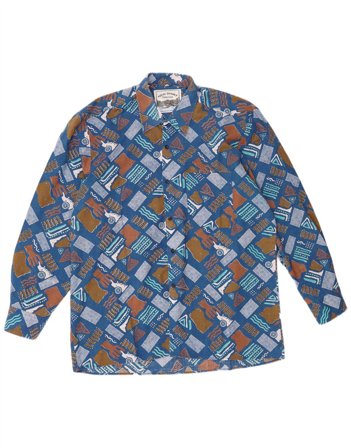 vintage Chemise Homme Taille 43/44 XL Bleu Géométrique Polyester