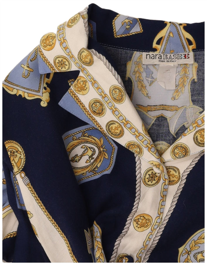 VINTAGE Femme Motif Abstrait Chemise Blouse UK 14 Bleu Marine Moyen