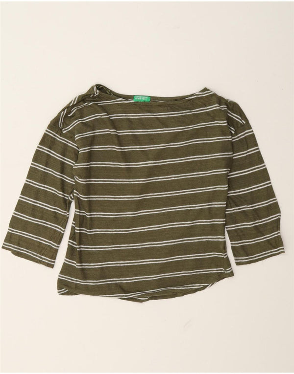 Benetton Haut Oversize Femme Manches 3/4 UK 6 XS Lin Rayé Vert
