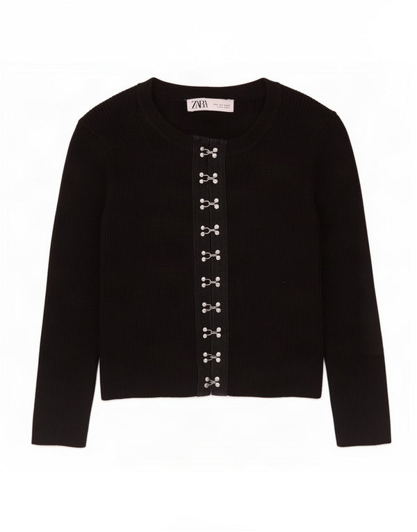 Zara Womens Crop Cardigan à manches 3/4 Pull UK 8 Small Noir