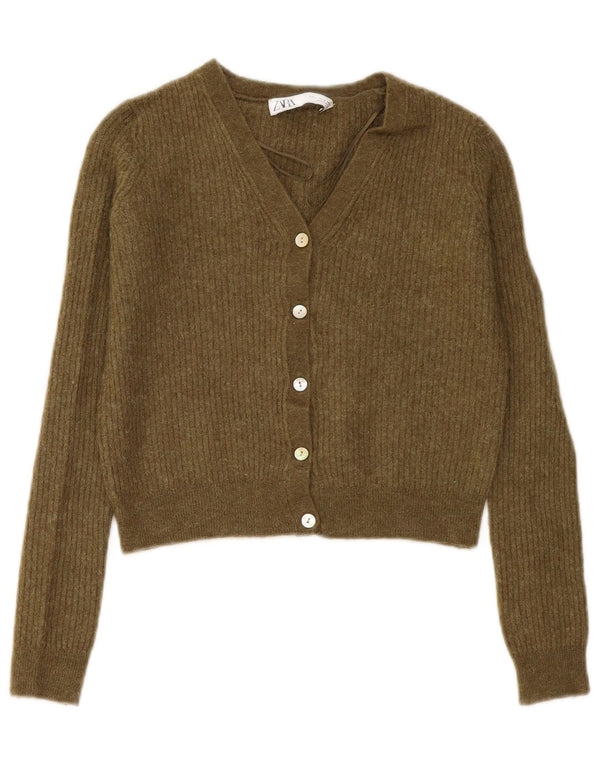 Zara Womens Crop Cardigan Sweater UK 10 Petit Kaki Polyamide