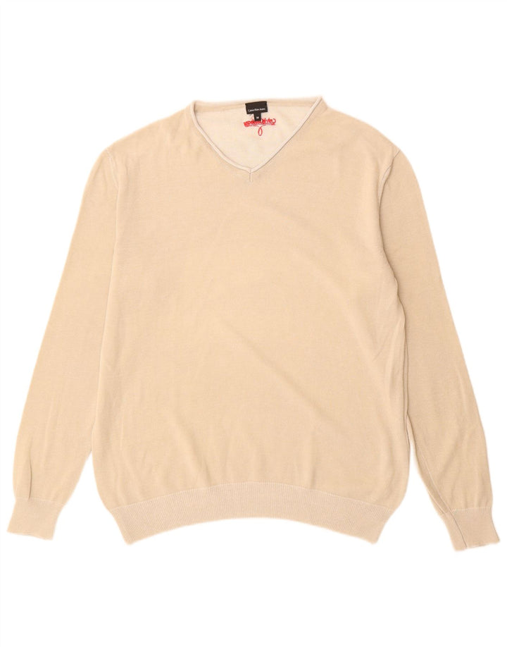Calvin Klein Jeans Pull Col V Homme Beige Moyen Coton