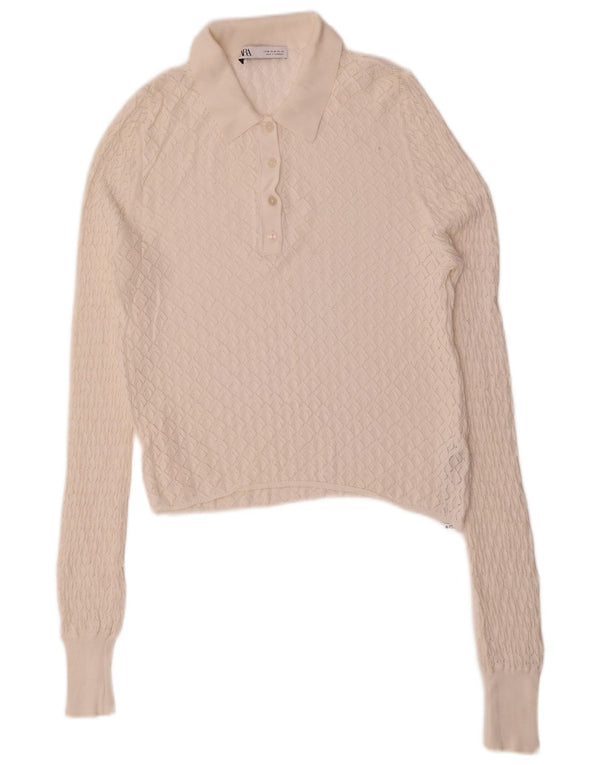 Zara Pull col polo pour femme UK 12 Viscose blanc moyen