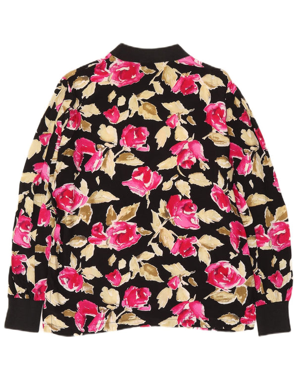 vintage Femme Top Manches Longues UK 14 Moyen Noir Floral Viscose