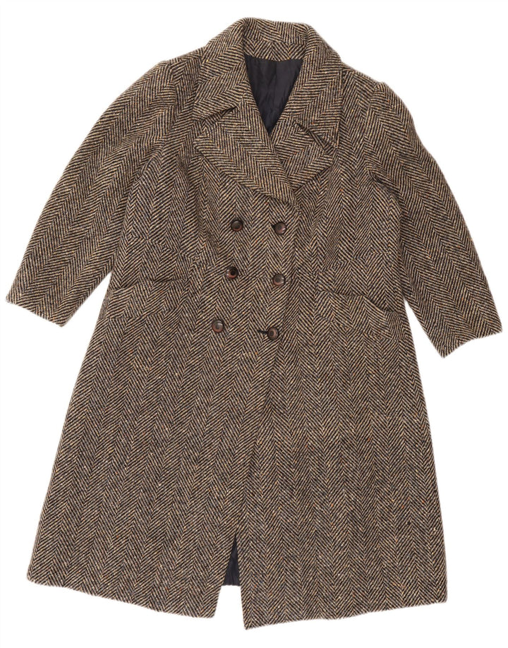 vintage Femmes Double Breasted Coat UK 14 Chevrons Brun Moyen