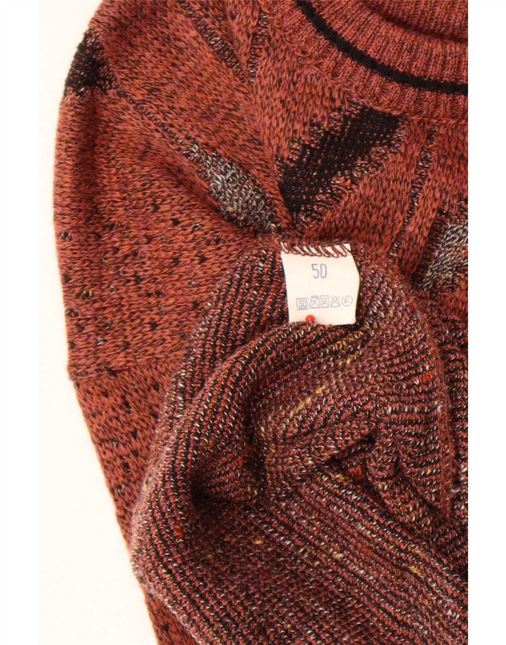 vintage Mens Crew Neck Jumper Pull IT 50 Laine Géométrique Brun Moyen