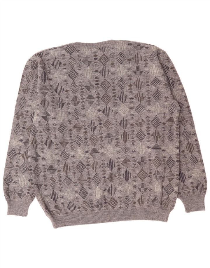 VINTAGE Pull col V homme XL Gris Géométrique