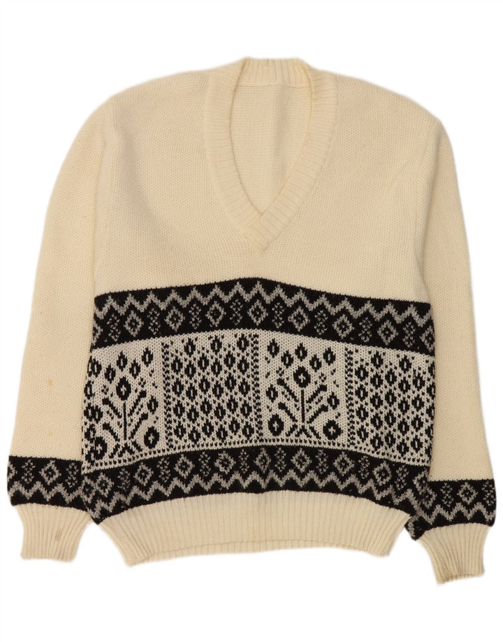 vintage Homme Col V Pull Pull Moyen Blanc Géométrique