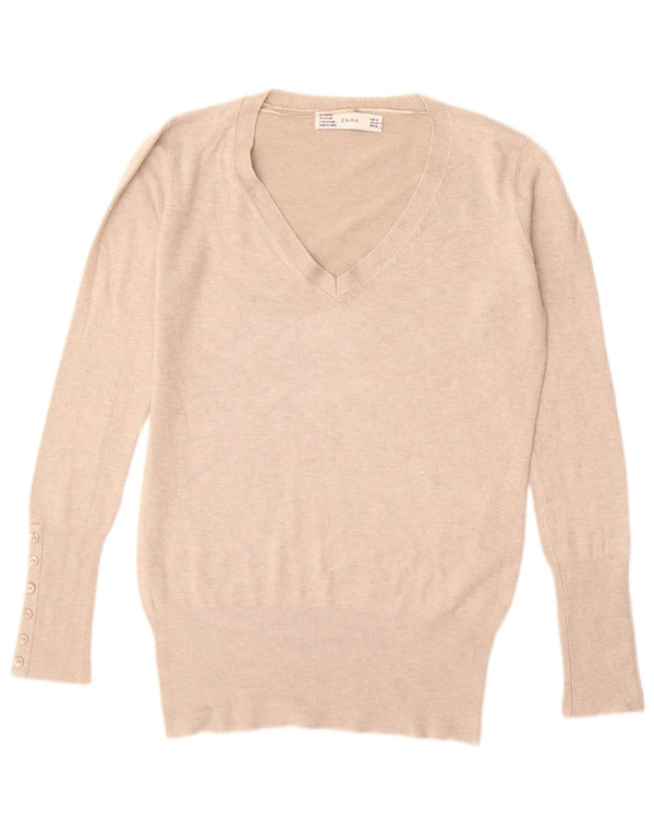 ZARA Pull col en V pour femme UK 12 Beige moyen