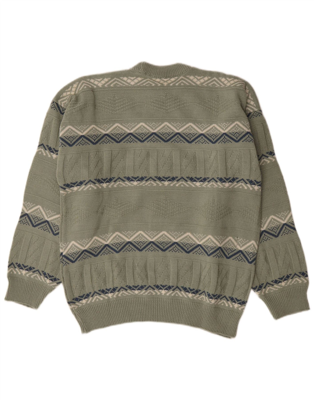 vintage Mens Crew Neck Jumper Pull Moyen Kaki Géométrique Coton