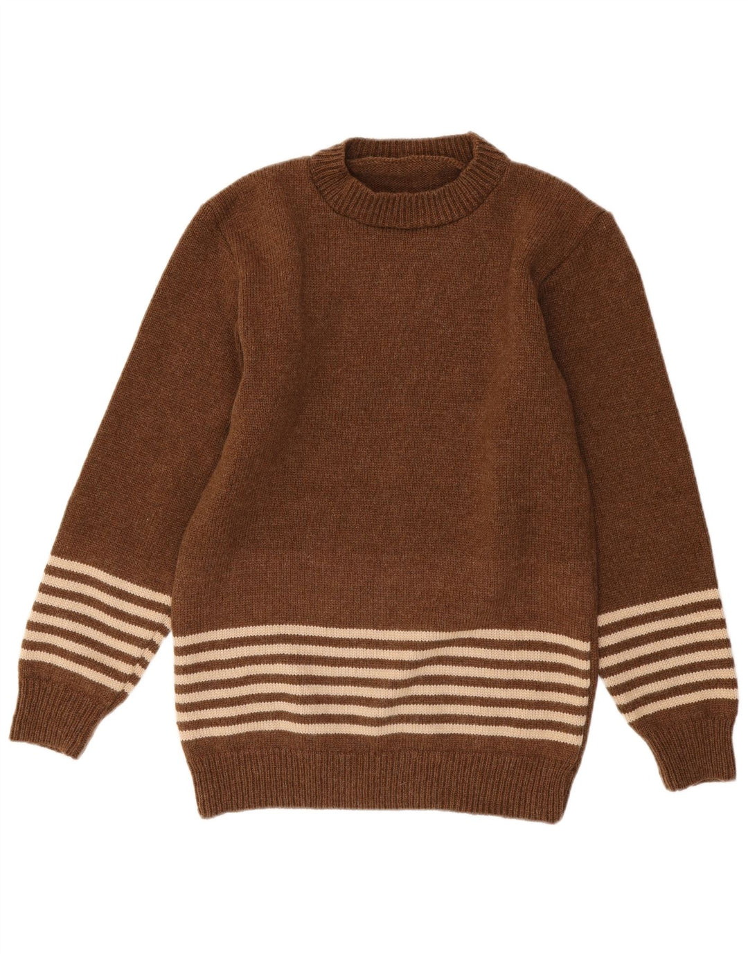 vintage Mens Crew Neck Jumper Pull Marron Moyen Rayé