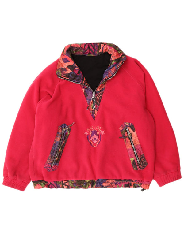 vintage Femmes Surdimensionné Zip Neck Fleece Jumper UK 14 Moyen Rose Géométrique