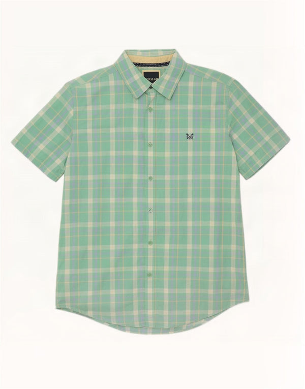 Crew Clothing Chemise ajustée à manches courtes pour homme en coton à carreaux verts