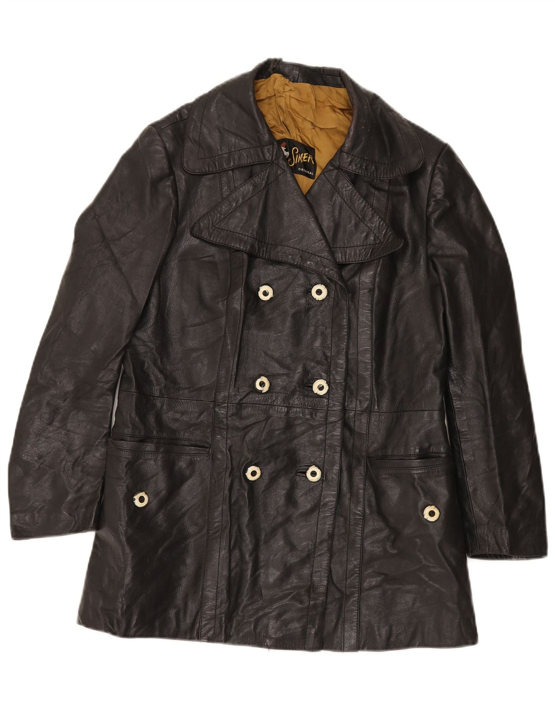 VINTAGE Veste en cuir double boutonnage femme UK 12 Moyen Noir