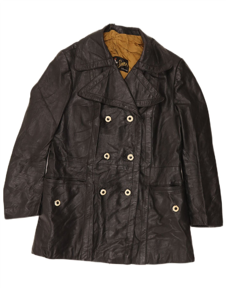 VINTAGE Veste en cuir double boutonnage femme UK 12 Moyen Noir