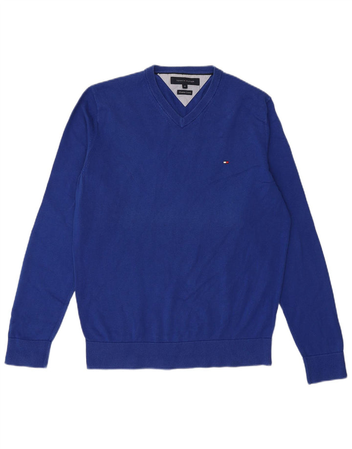 TOMMY HILFIGER Mens V-Neck Jumper Sweater Medium Blue Cotton