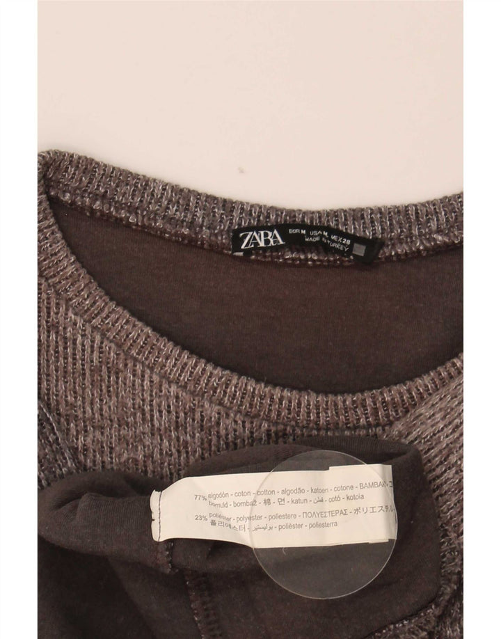 Zara Womens Crop Top Manches Longues UK 14 Coton Gris Moyen